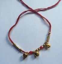 Good Luck Hindu red thread with 3 dangling bells Bracelet 24 Ct Gold affect V1 - £3.63 GBP