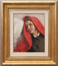 Russian Swedish portrait Girl in red shawl Mid 20th century Oil painting Signed - £284.79 GBP
