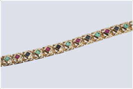 Estate Gold Plated 925 Silver Simulated Ruby Emerald Sapphire Bracelet 7.85Ct - £170.32 GBP