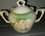 Antique RS Prussia Green porcelain Pink &amp; White rose vanity sugar jar bowl - $30.00