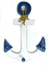 16" Blue and White Hand Carved Wood Ship Anchor with Hooks Nautical Wall Decor T - $29.64