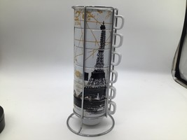 World Market Stackable Coffee Mugs Tea Cups Pairs Map W/ Stand Handled S... - $18.80