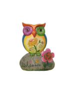 Resin Owl Welcome Figurine Indoor Outdoor Decor 9.5&quot;T Flowers Colorful Rock - $15.84