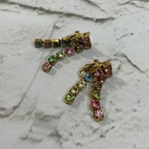 Trifari Drop Dangle Clip On Earrings Multicolored Rhinestones Pastels Gold Toned - $24.74