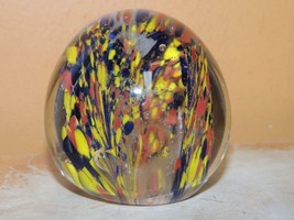 Art Glass Paperweight 2.25&quot;+ clear with blue red yellow confetti bubbles... - $12.59