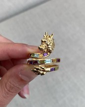 Multi Tourmaline Dragon Ring, 14K Gold Plated Rainbow Adjustable Designer Ring - £200.47 GBP