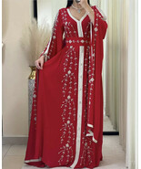 New Kaftan Red Moroccan Handmade Dubai Abaya Farasha Dress Fancy Long Ei... - €96,38 EUR