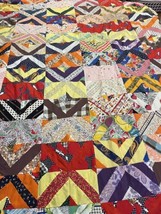 Vintage Patchwork Quilt Top, Crazy Patches In Squares, Cotton 74 X 91 inches - £73.75 GBP