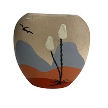 VINTAGE Ceramic Southwestern Desert Mountain Scene Scenic floral Bird Vase - £34.45 GBP