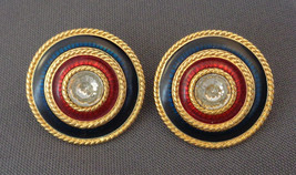Trifari Clip On Earrings Red White Blue Enamel Clear Stone Round Gold Tone - £28.41 GBP