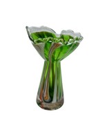 Green &amp; Milky White Ruffle Ribbon Swirl Hand-Blown 6&quot; Glass Vase Mushroo... - $28.01