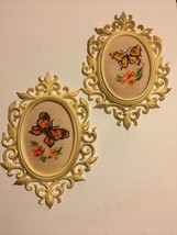 Vintage 1970s Plastic Floral Frames with Butterfly Needlepoint Orange Brown SET - £38.87 GBP