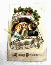 Santa w Kids &amp; Holly Bell Shaped Card On Postcard w Ribbon Closure - $9.41