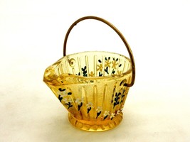 Hazel Atlas Coal Bucket Ashtray, Amber Glass w/Brass Handle, Hand Painted Floral - £11.70 GBP