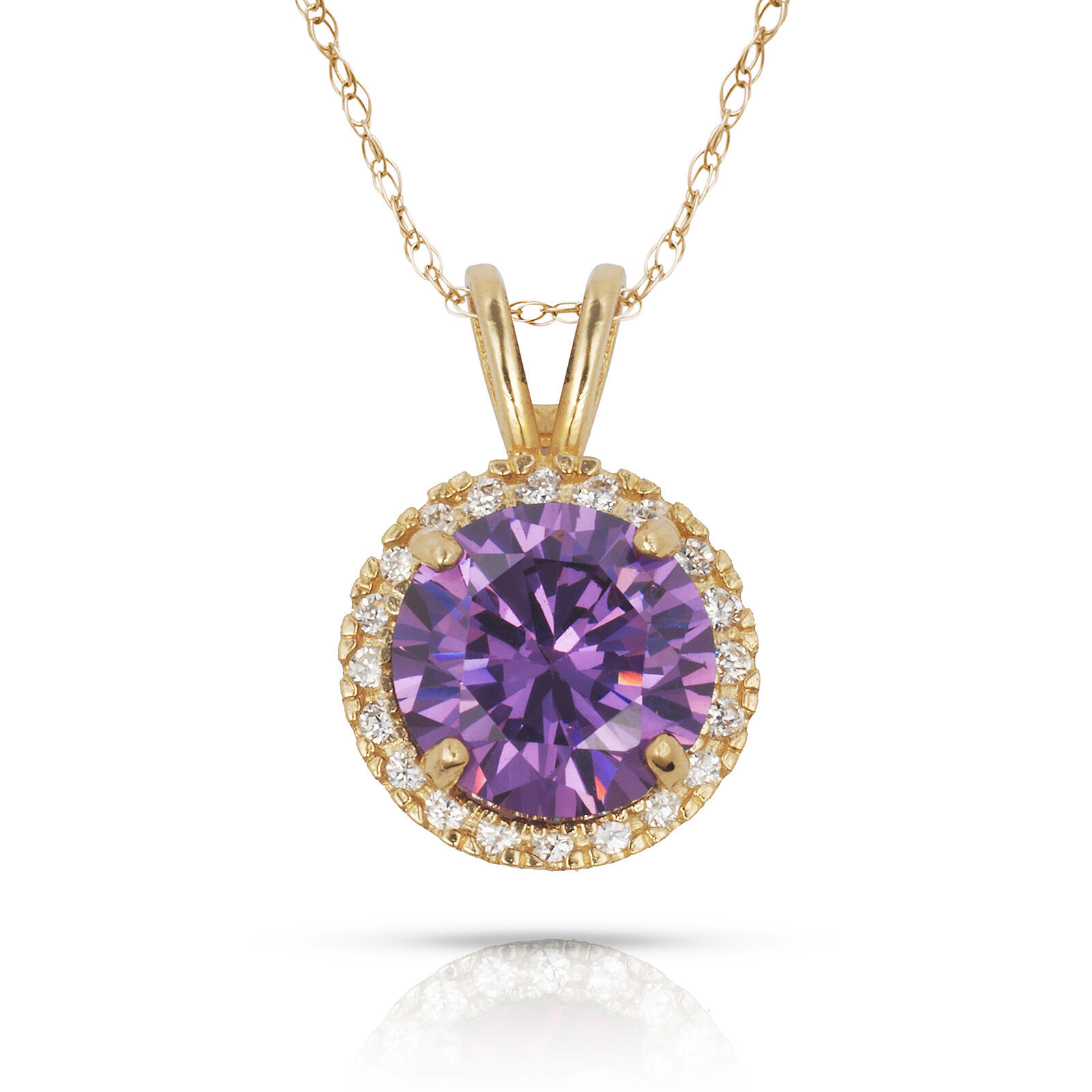 1.50CT 14K Yellow Gold Halo Amethyst Round Shape Basket Setting Pendant w/ Chain - £26.50 GBP - £123.05 GBP