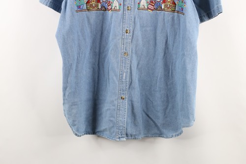 Vtg 90s Womens 20W Distressed Country Primitive Bear Flower Denim Button Shirt Item image 3