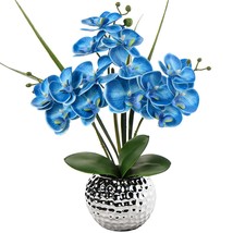 Orchids Artificial Flowers, 20&#39;&#39; Blue Faux Orchid Flowers With Silver Vase Phala - £48.24 GBP