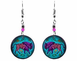 Geometric Pattern Buffalo Animal Graphic Round Dangle Earrings - Womens Fashion  - £11.62 GBP