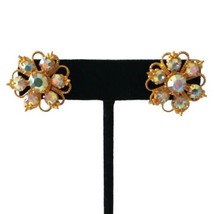 Art Deco Aurora Borealis Earrings Rhinestone Filigree Victorian Gold Ton... - £15.55 GBP