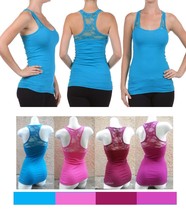 Cute Floral Lace Back Ribbed Racer Tank Top Teal Blue Small - £2.37 GBP