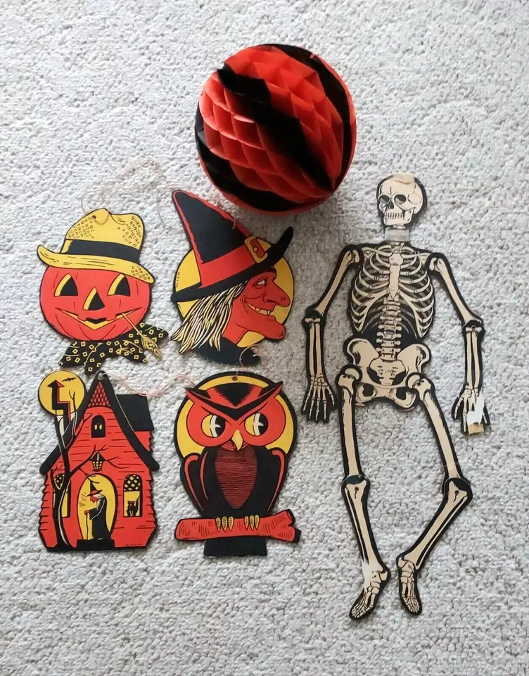 Vintage Halloween Luhrs Die Cut Cardboard Honeycomb Decorations Lot Not Repros - £46.12 GBP