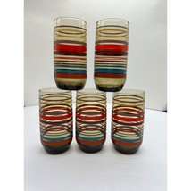 Lot of 5 Smoked Anchor Hocking Multi Colored Striped Tumblers Glasses 6&quot;... - £31.38 GBP