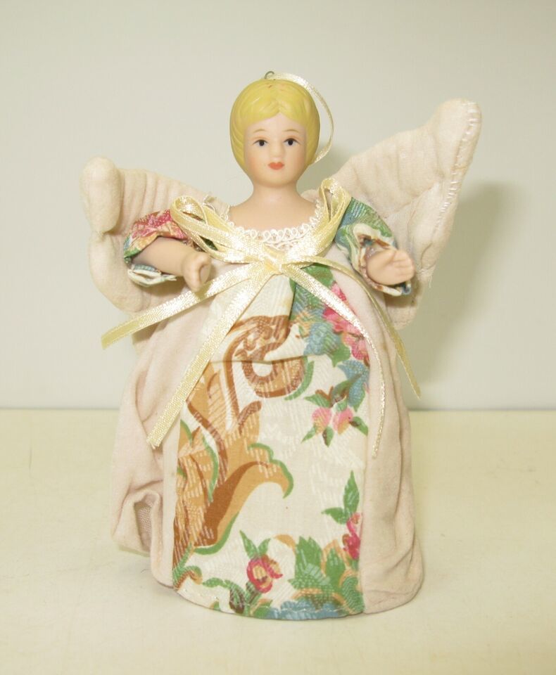 Angel Ornament Small Tree Topper Ceramic Head Arms Cloth Wings Dress - $7.66