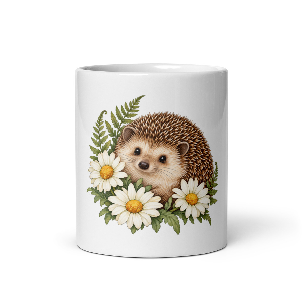 Hedgehog Daisy Mug - White Ceramic Coffee Cup 11 oz - Garden Animal Gift