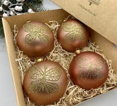 Set of 4 bronze with butterfly Christmas glass balls, hand painted ornam... - £44.96 GBP