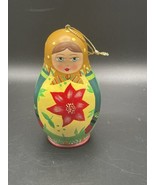 Vintage Matryoska lady with poinsettia Christmas Tree Ornament Linden Wood - $35.30