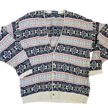 Vintage 90s Lands End Mens L Grandpa Cardigan Sweater Fair Isle Cotton Snowflake - £38.05 GBP