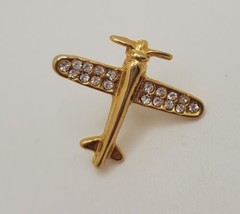 Goldtone &amp; Studded AIRPLANE Tie Tack Lapel Hat Pin Aviation Enthusiast Pilot Pin - £13.14 GBP