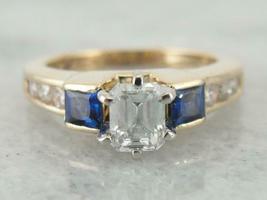 14k Yellow Gold Over Diamond &amp; Sapphire Ring Square &amp; Round Cut Engagement Ring - £82.89 GBP