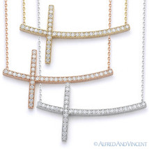 Curved Sideways CZ Crystal Cross Pendant &amp; Chain Necklace in 925 Sterling Silver - £21.81 GBP