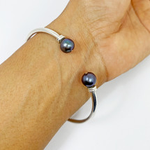 Black Pearl End Cuff Bracelet 925 Sterling Silver, Handmade Double Pearl Bangle  - £143.55 GBP