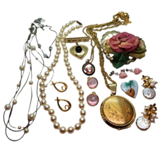 Vtg to Mod Heart Flower Jewelry lot Locket Cloisonne pendant Barbiecore coquette - £38.28 GBP