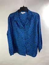 Lady Caribou Womens L Button Down Blouse Shirt, Blue Black Cheetah VTG U... - $15.79