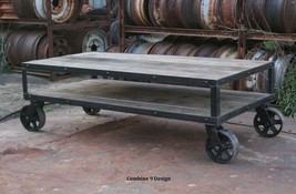 Vintage Industrial Coffee Table with Wheels. Reclaimed wood, Rustic Coff... - $900.00