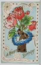 Birthday Greetings Pretty Embossed Flower Basket Glitter Decor Postcard Q10 - £5.55 GBP