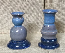 Art Pottery Fun Mismatched Blue Gray Taper Candle Holder Set Artist Signed - $27.72