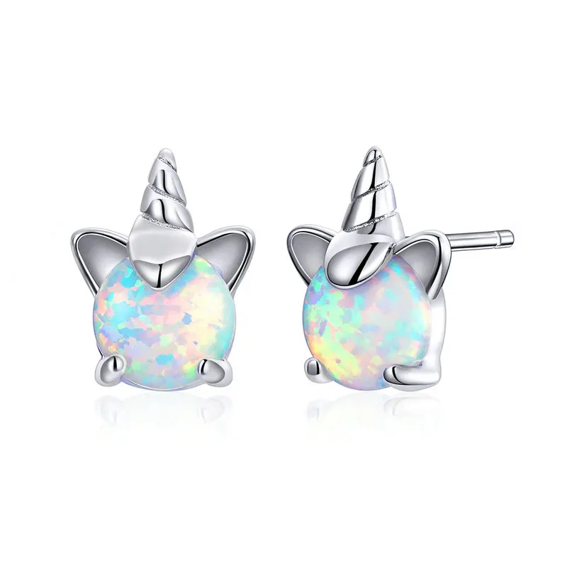 100% 925 Sterling Silver Animals Sea Bee Flamingo Unicorn Opal Stud Earrings For - $27.06