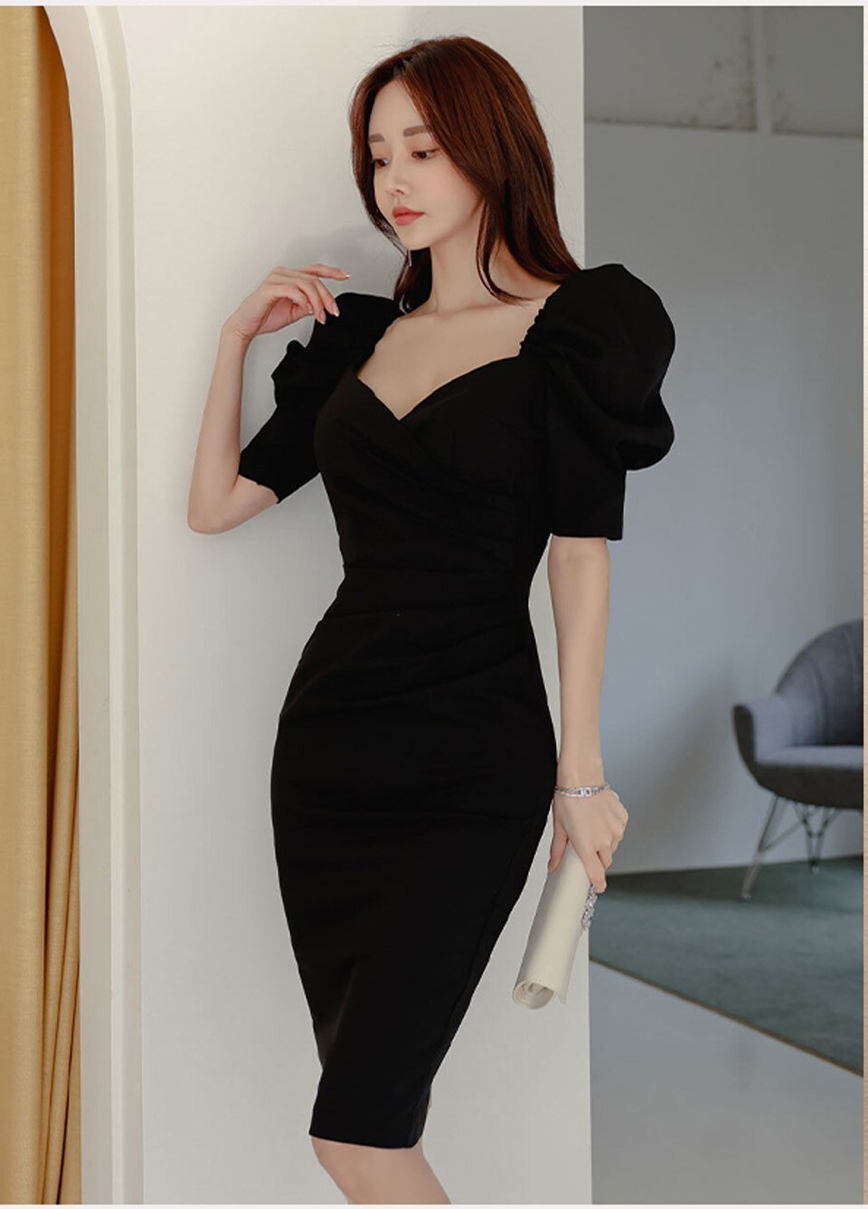 Simple V-Neck Puff Sleeve High Waist Tight Elegant Party Dress Item image 2