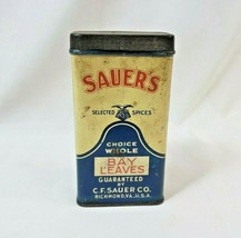 Vintage Sauers Spices Bay Leaves Advertising 4.75&quot; Tin Richmond Virginia USA - £23.90 GBP