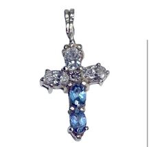 925 Sterling Silver Blue Crystal Small Cross Pendant 24mm Healing Gift - $44.55
