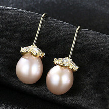 18K Yellow GP Natural Pearl Dangle Drop Earrings w/ Sim Diamonds Bridal Jewelry - £88.56 GBP