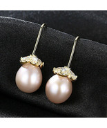 18K Yellow GP Natural Pearl Dangle Drop Earrings w/ Sim Diamonds Bridal ... - £87.97 GBP