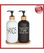 Elegant Glass Soap Dispenser Set with Bamboo Tray - Modern Black &amp; White... - $464.39 MXN