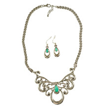 Large Scrollwork with Turquoise Stone in a Teardrop Necklace and Earring - £19.35 GBP