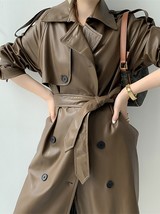 Spring Long Black Leather Trench Coat Women Long Sleeve Belt lapel Jacket Windbr - £202.03 GBP