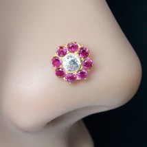 Daisy 14K Pure Gold Rosa Weiß Cz Indischer Stil Nasenstecker Nase Anstecknadel - $66.99